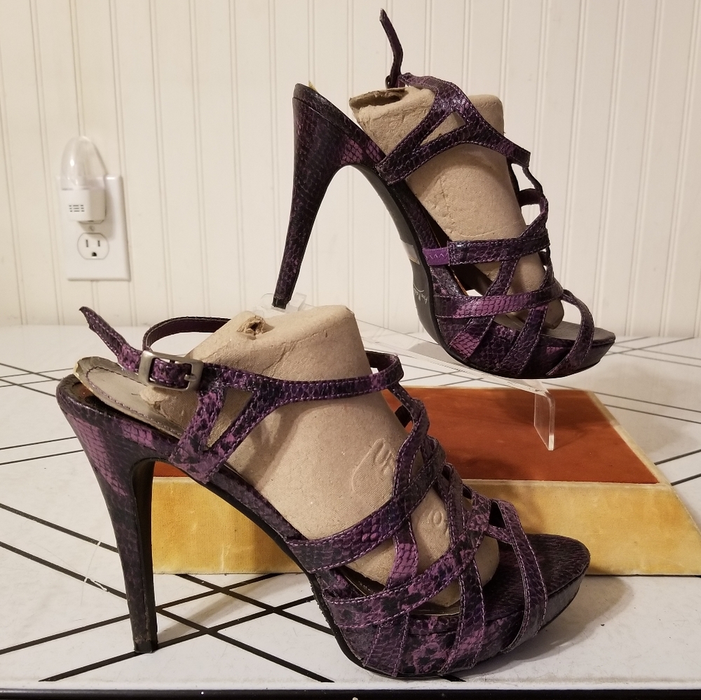 Anne Michelle purple faux snake skin strappy heels